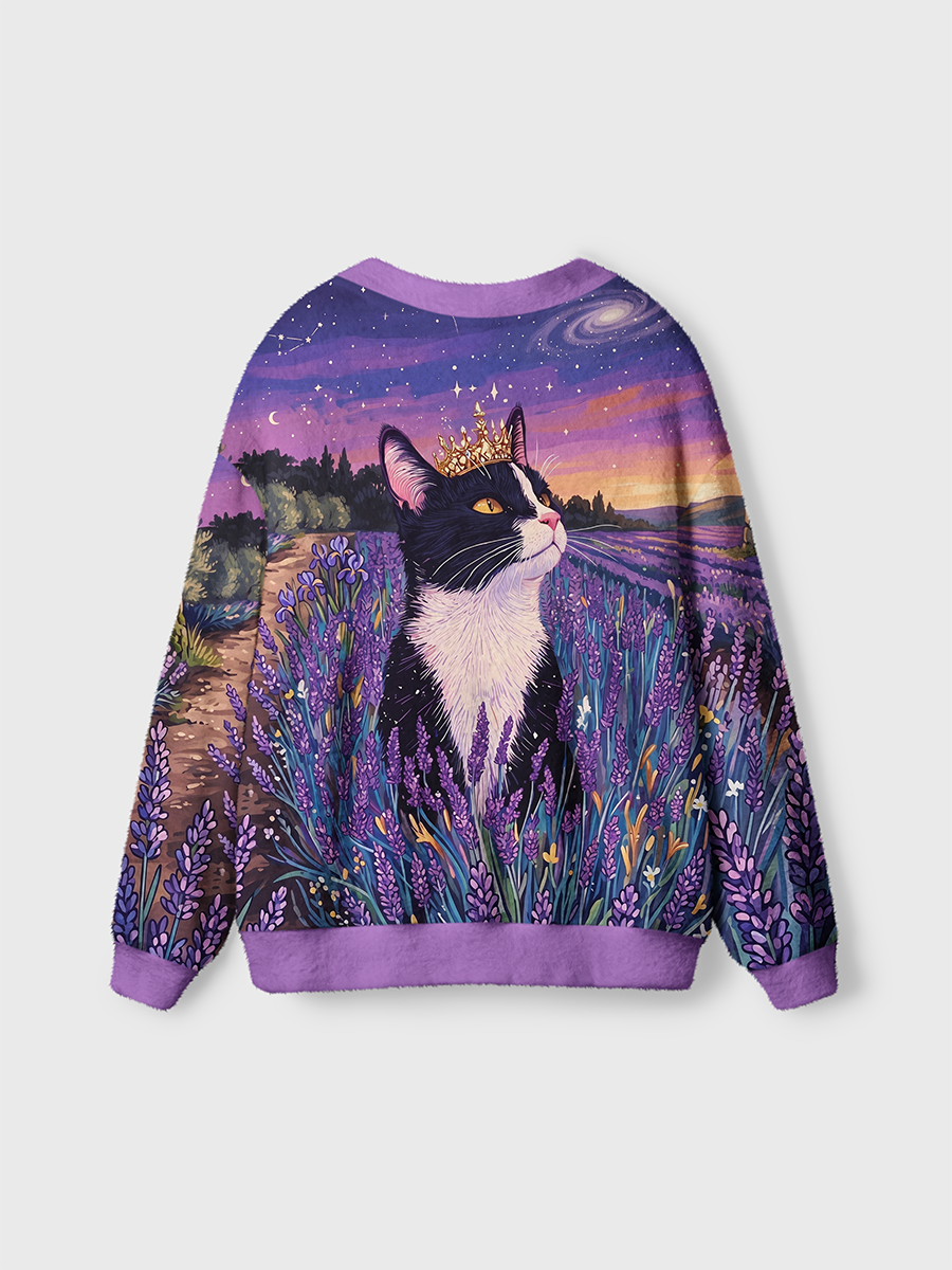 Vintage Dreamy Starry Lavender Field Crown Tuxedo Cat Cardigan Sweaters