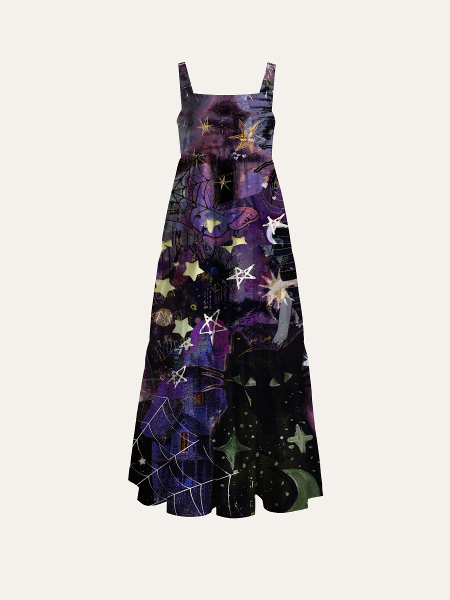 Gothic Witchy Black Cat Celestial Collage Adjustable Wide Straps Maxi Dress