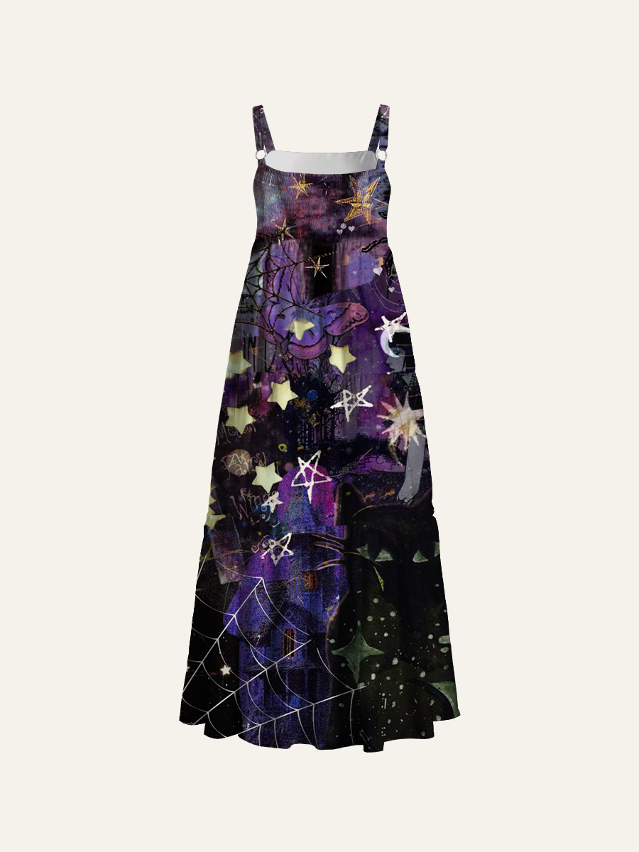 Gothic Witchy Black Cat Celestial Collage Adjustable Wide Straps Maxi Dress