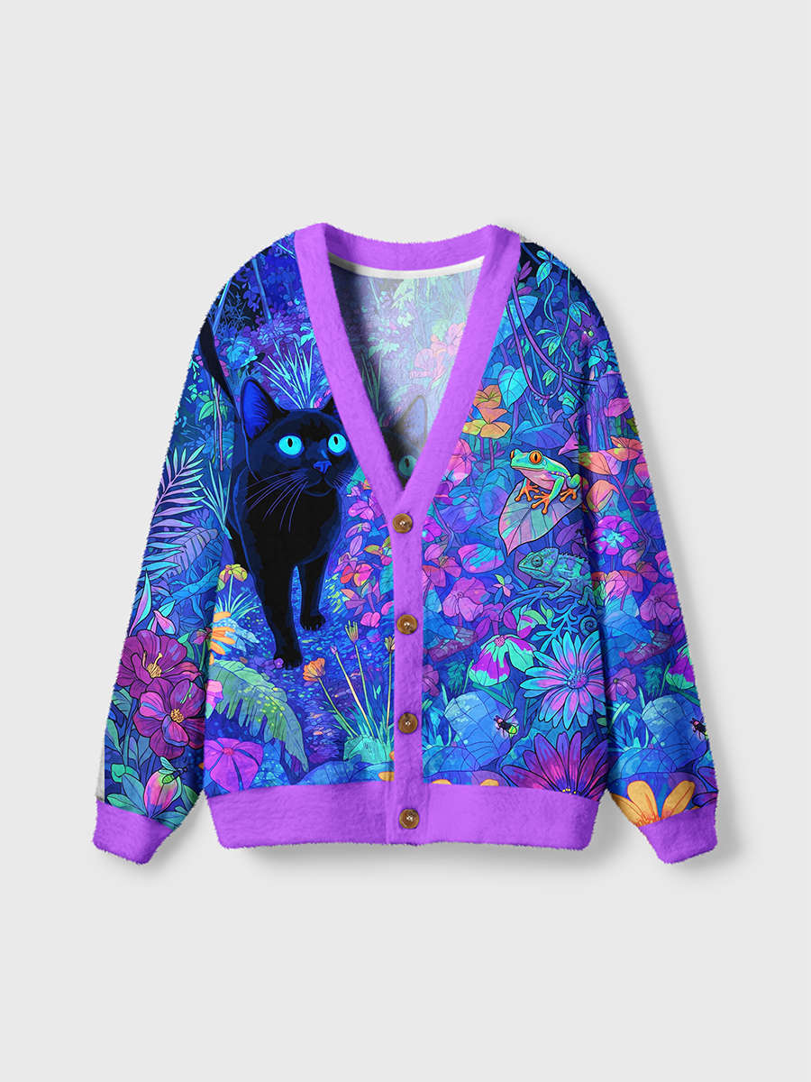 Vintage Neon Glow Tropical Jungle Black Cat Cardigan Sweaters