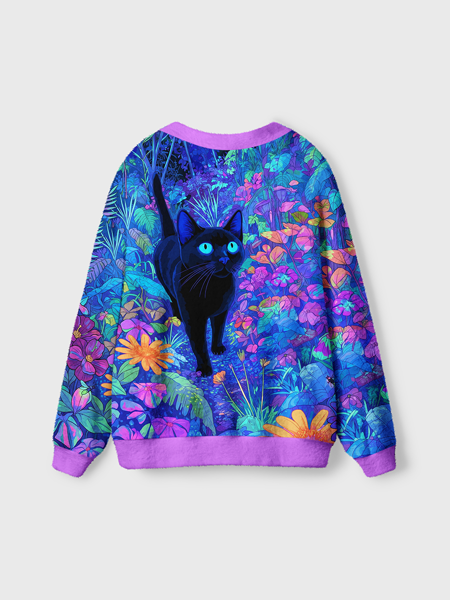 Vintage Neon Glow Tropical Jungle Black Cat Cardigan Sweaters