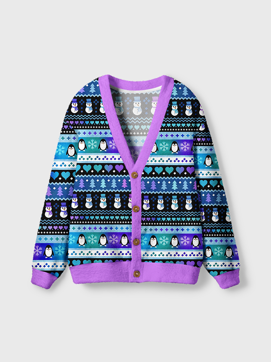 Vintage Winter Snowman Penguin Stripe Cardigan Sweaters