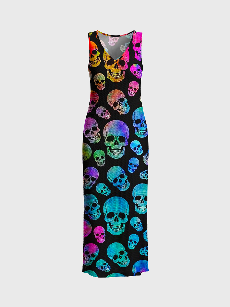 Holographic Rainbow Skull Dark Open Stitch Midi Dress