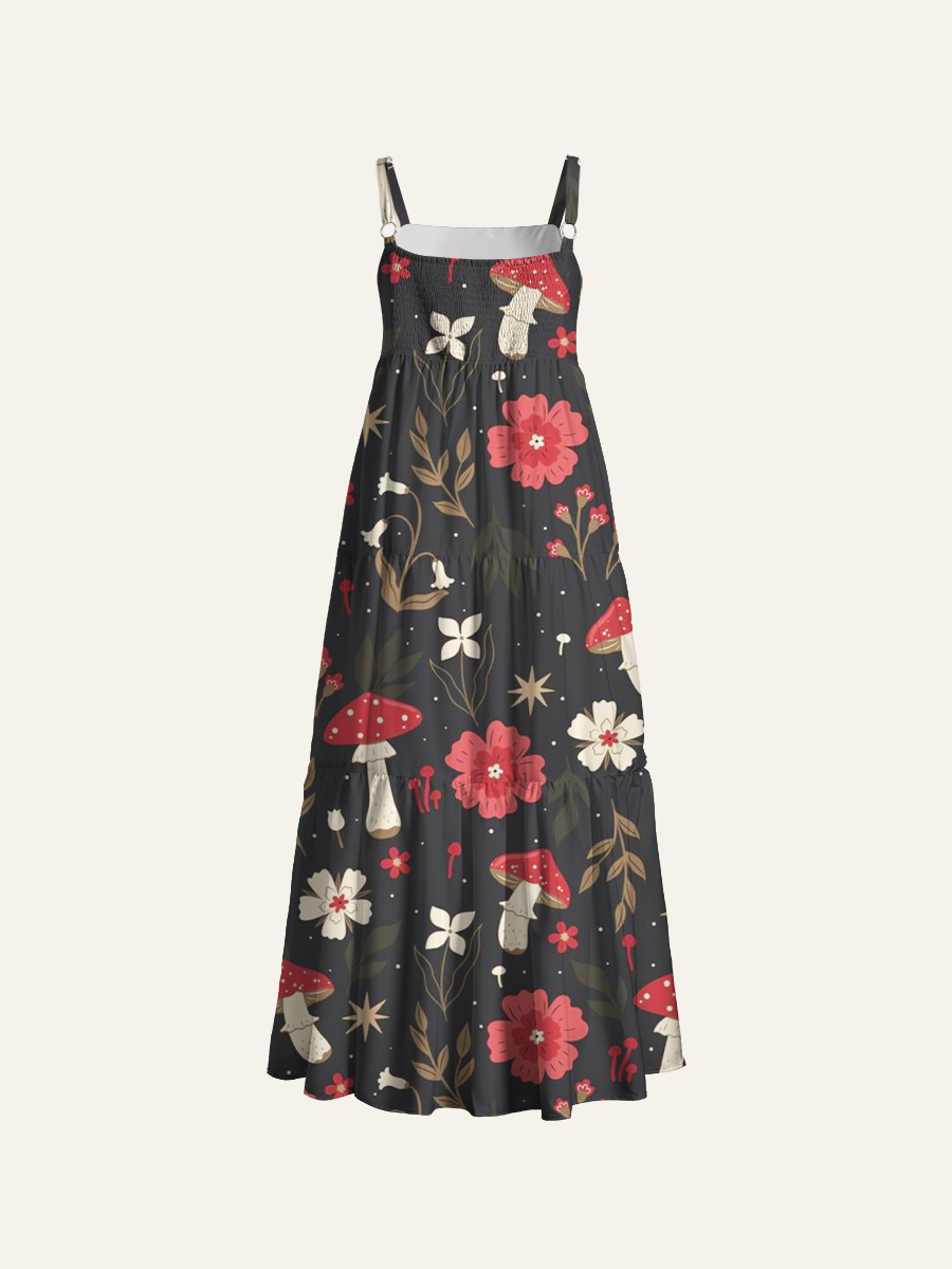 Enchanted Forest Fungi Adjustable Wide Straps Maxi Dress