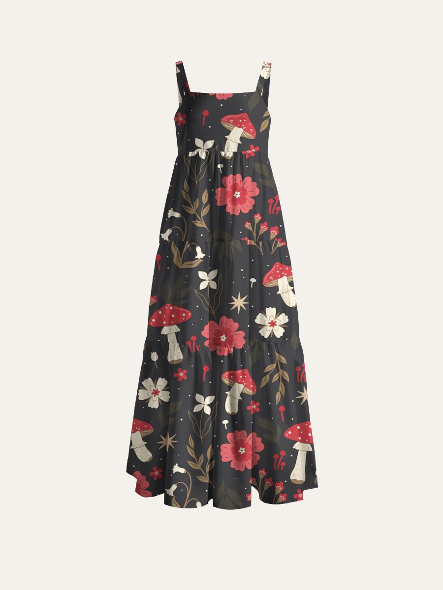 Enchanted Forest Fungi Adjustable Wide Straps Maxi Dress