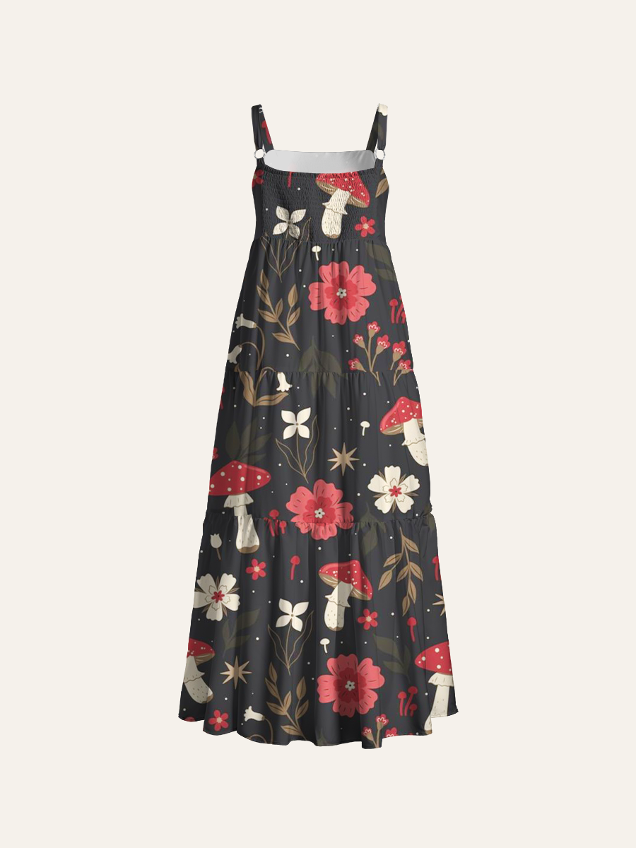 Enchanted Forest Fungi Adjustable Wide Straps Maxi Dress