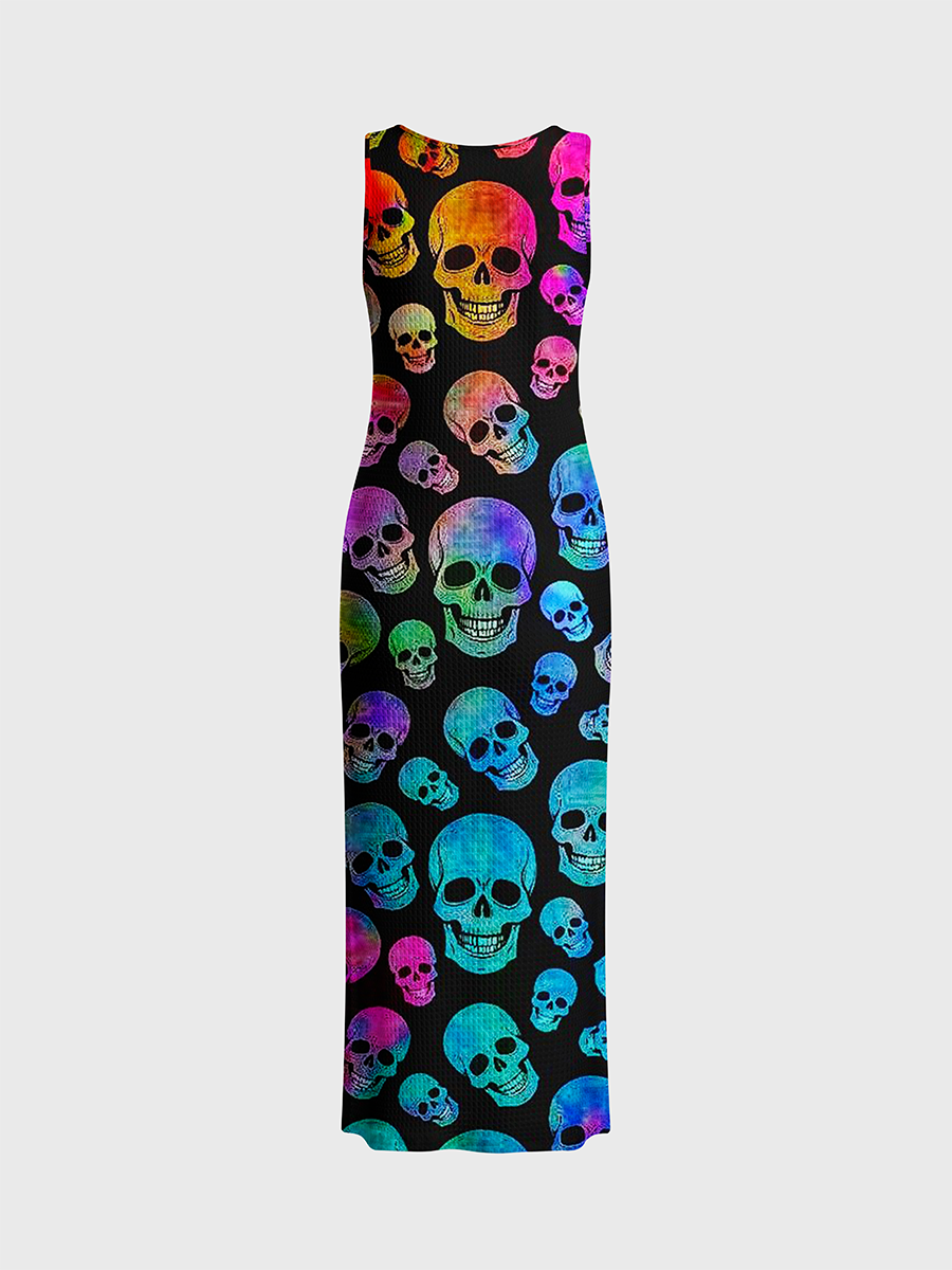 Holographic Rainbow Skull Dark Open Stitch Midi Dress