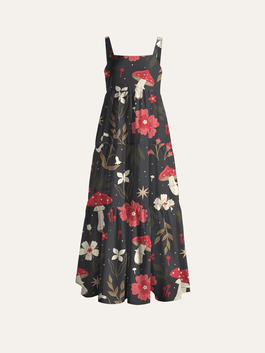 Enchanted Forest Fungi Adjustable Wide Straps Maxi Dress
