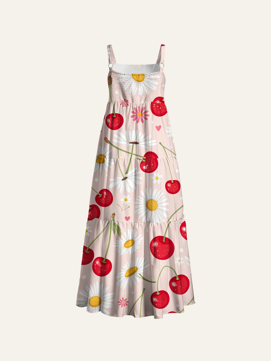 Light Pink Cherry Daisy Fresh Kids Ditsy Adjustable Wide Straps Maxi Dress