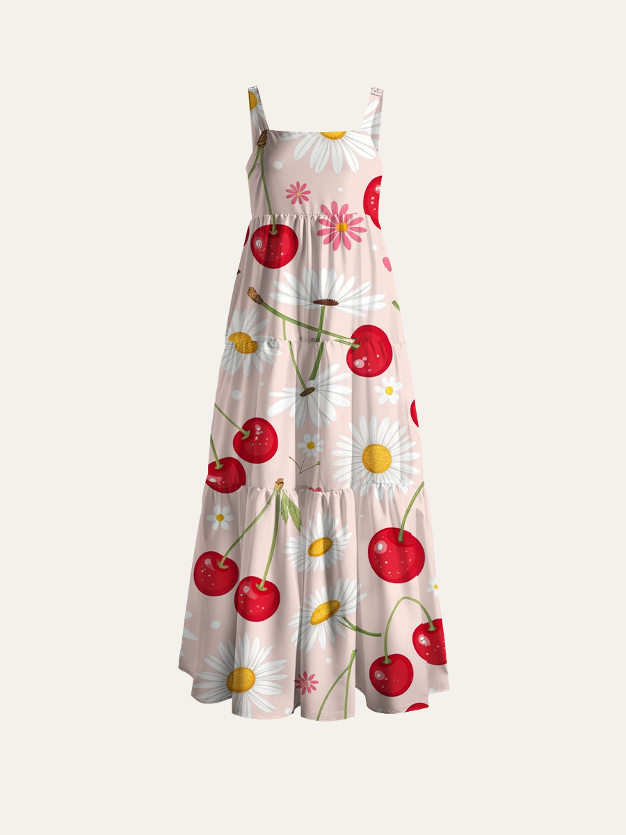 Light Pink Cherry Daisy Fresh Kids Ditsy Adjustable Wide Straps Maxi Dress