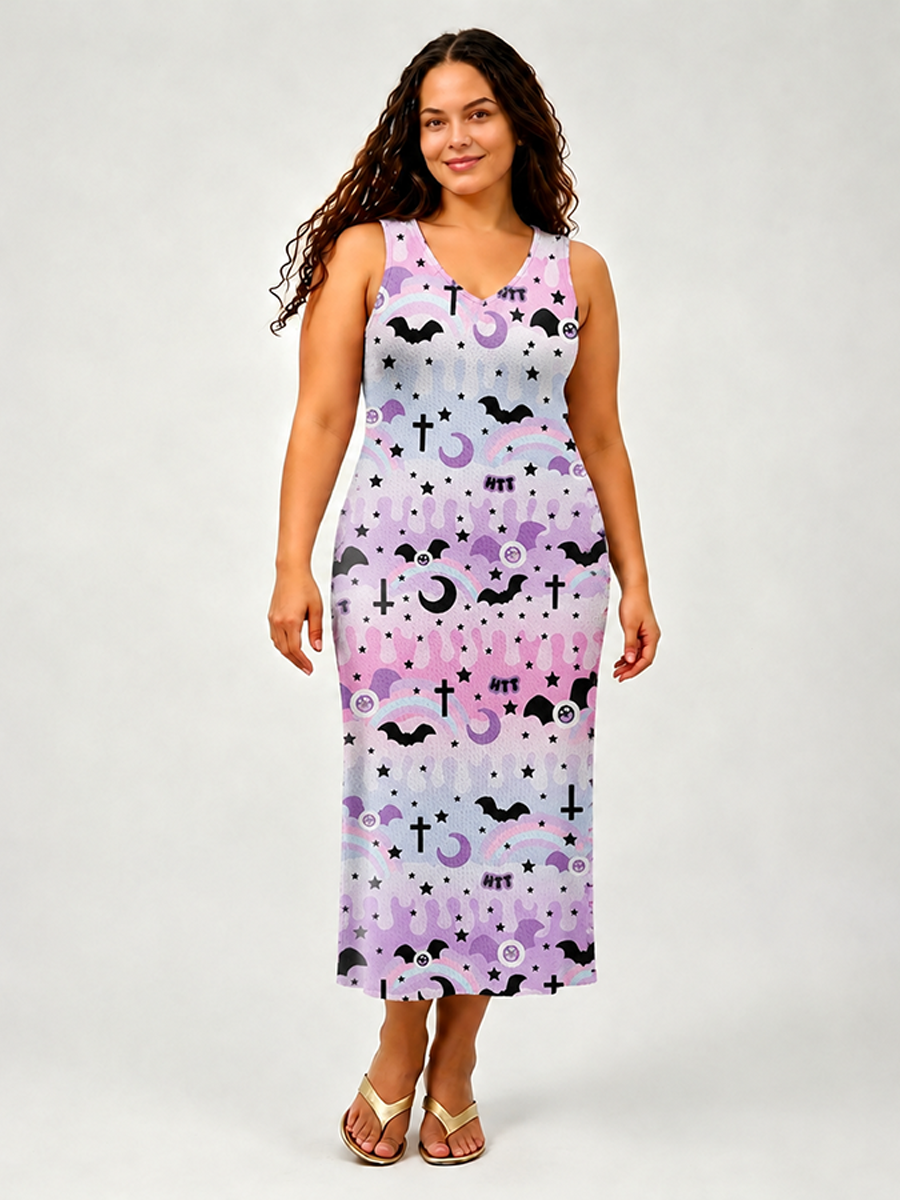 Gradient Pink-Lilac Drip Cloud Layers Open Stitch Midi Dress