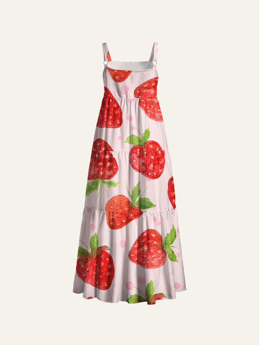Blush Pink Watercolor Strawberry Polka Dot Ditsy Adjustable Wide Straps Maxi Dress