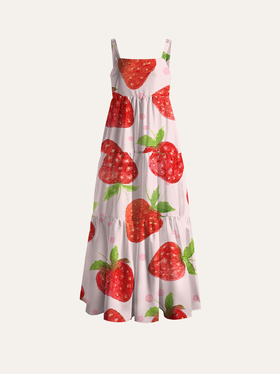Blush Pink Watercolor Strawberry Polka Dot Ditsy Adjustable Wide Straps Maxi Dress