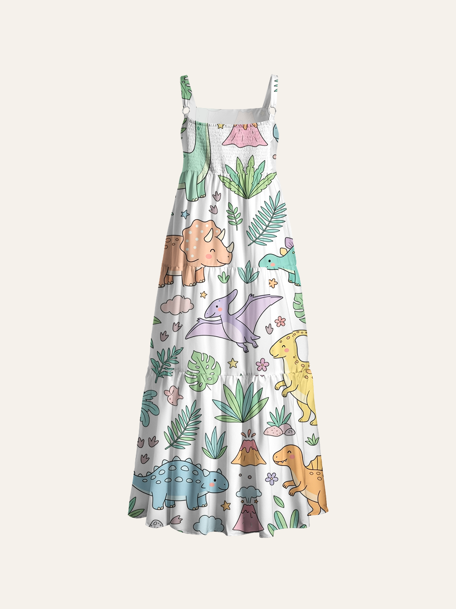 Pastel Outline Dinosaur Jungle Kids Adjustable Wide Straps Maxi Dress