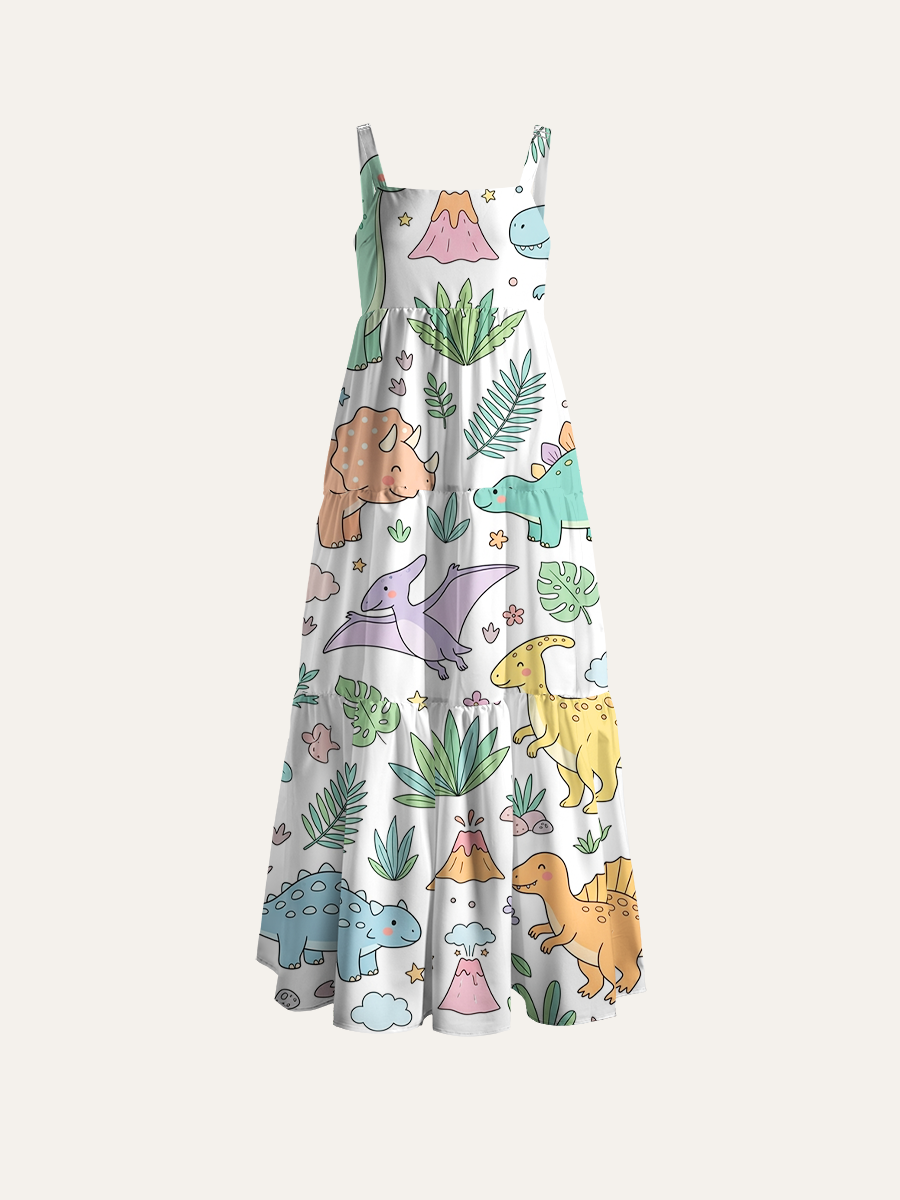 Pastel Outline Dinosaur Jungle Kids Adjustable Wide Straps Maxi Dress