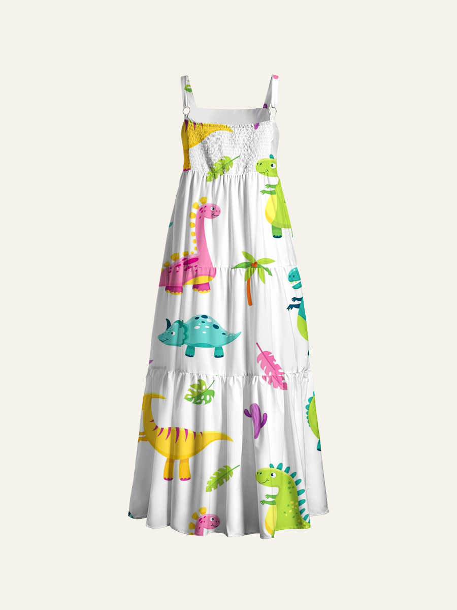 Multicolor Cartoon Dinosaur Tropical Leaf Kids Adjustable Wide Straps Maxi Dress