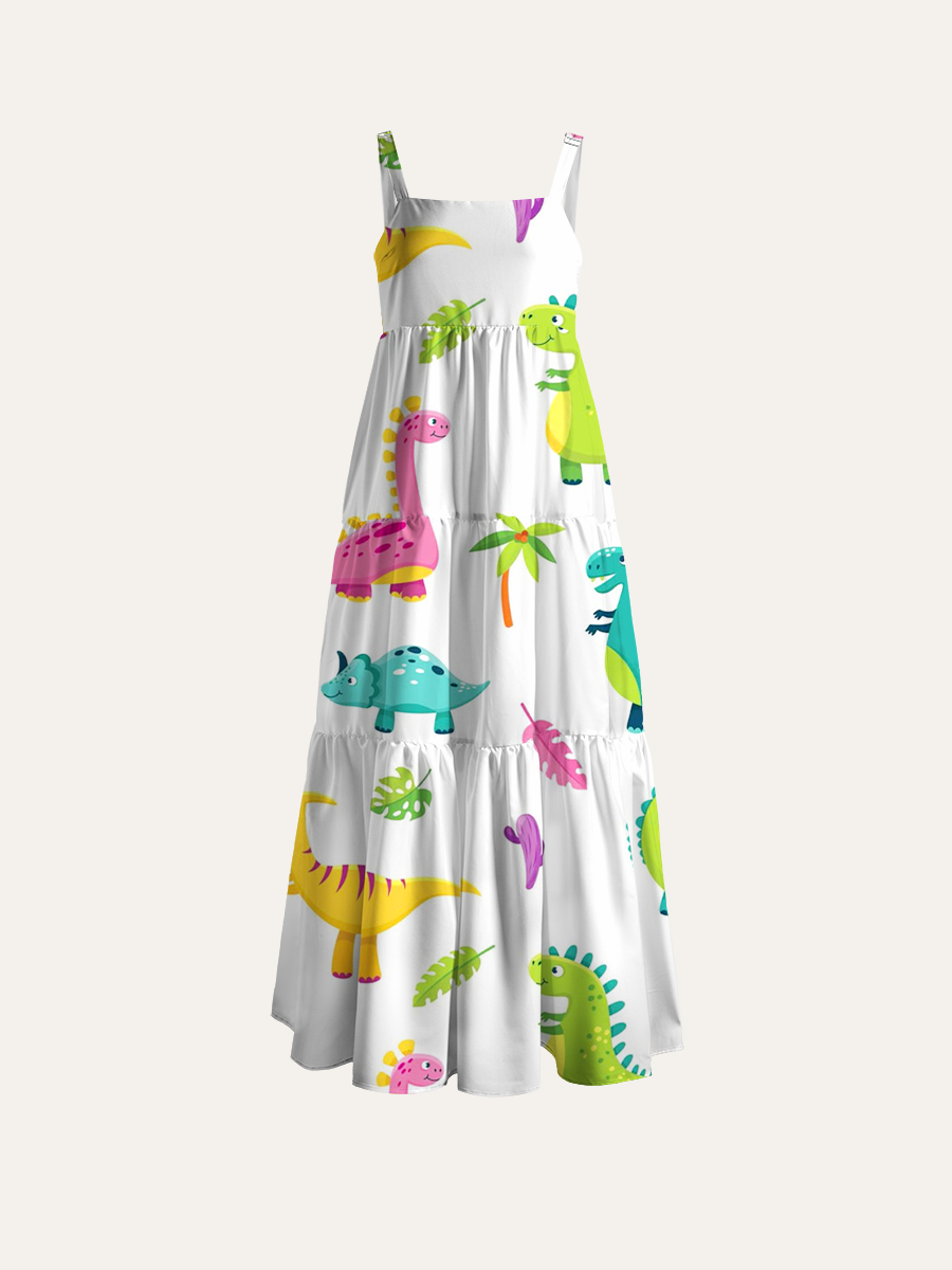 Multicolor Cartoon Dinosaur Tropical Leaf Kids Adjustable Wide Straps Maxi Dress