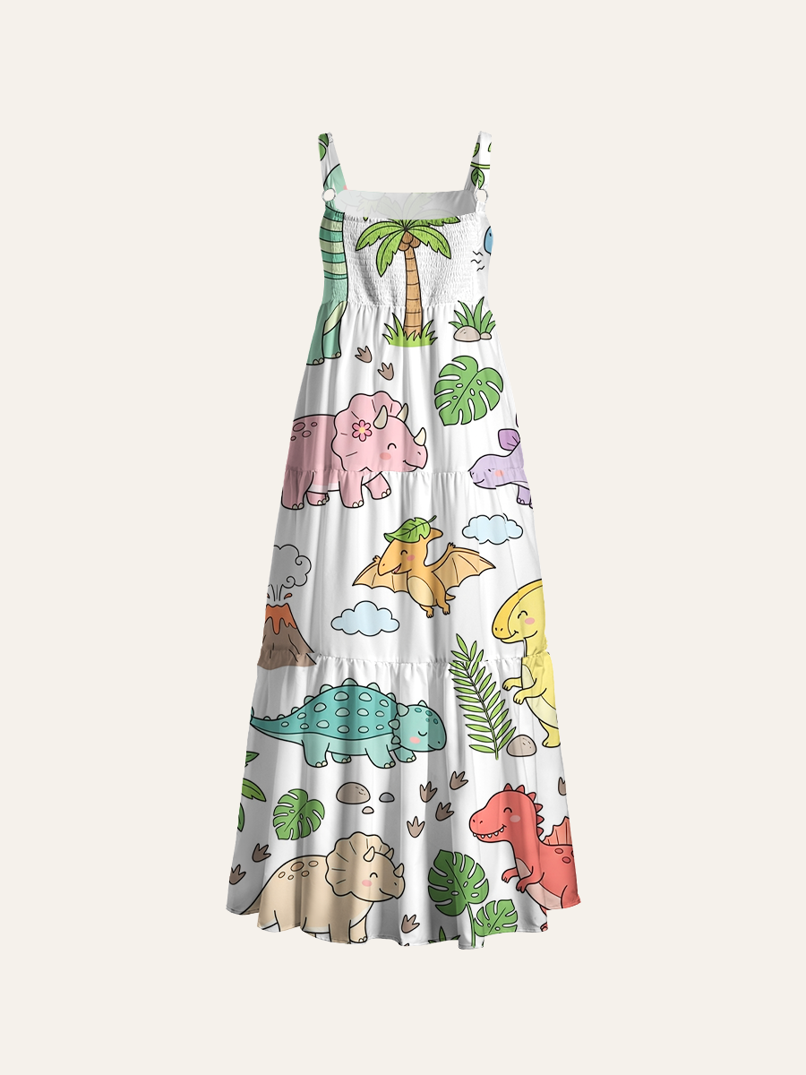 Thin Line Sketch Dinosaur Volcano Jungle Watercolor Adjustable Wide Straps Maxi Dress