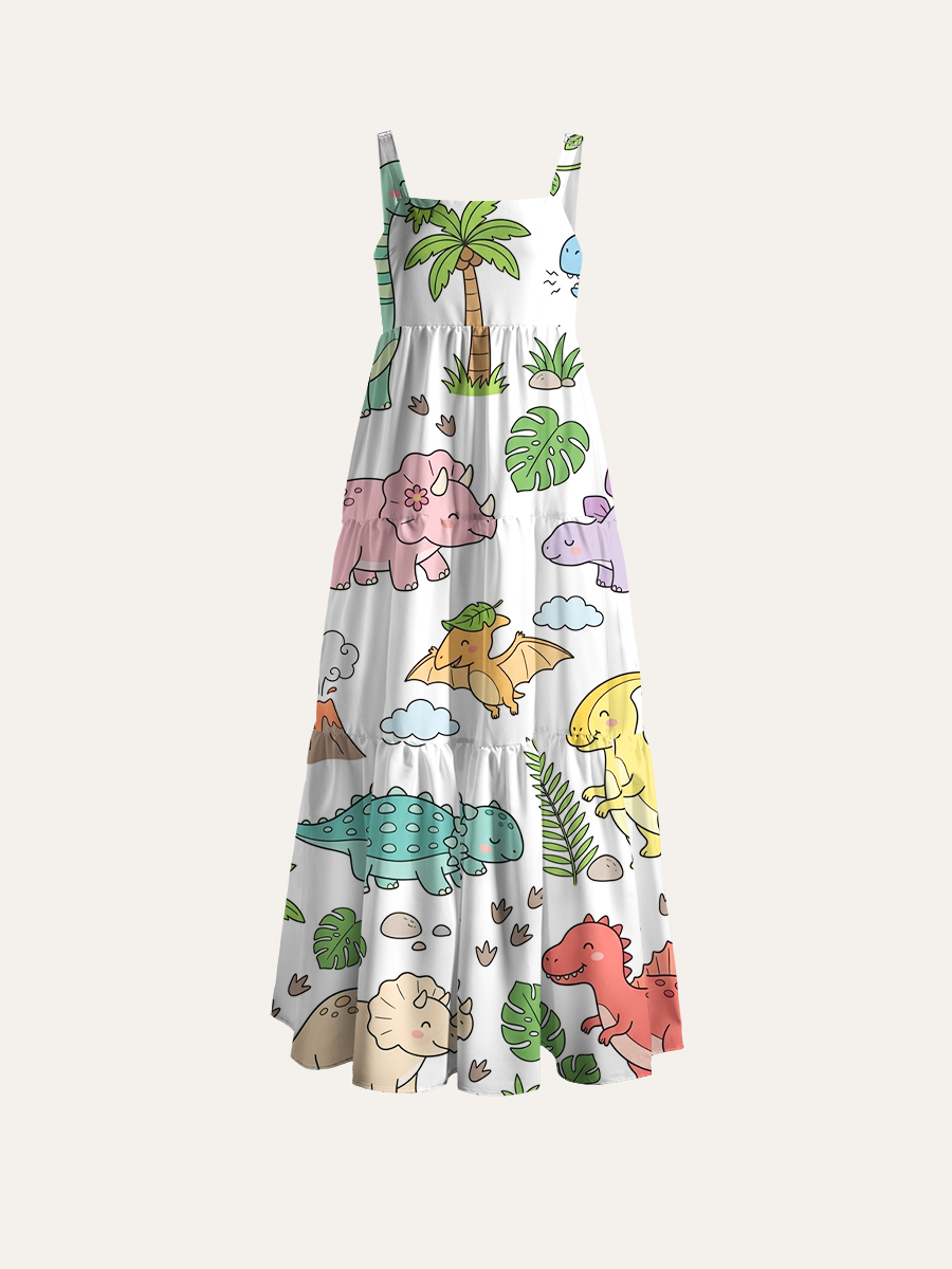 Thin Line Sketch Dinosaur Volcano Jungle Watercolor Adjustable Wide Straps Maxi Dress