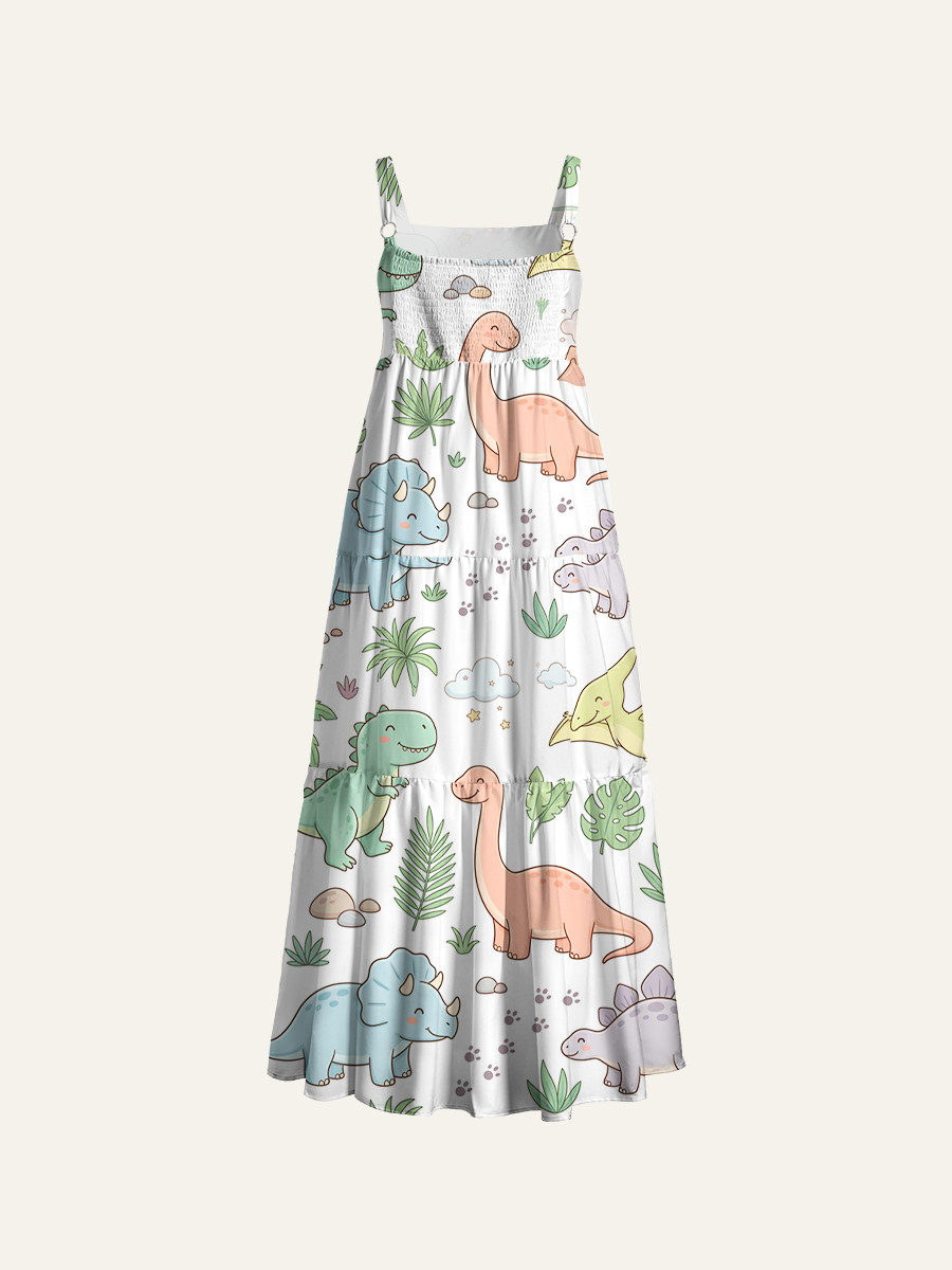 Dino Footprint Cloud Jungle Kids Doodle Adjustable Wide Straps Maxi Dress