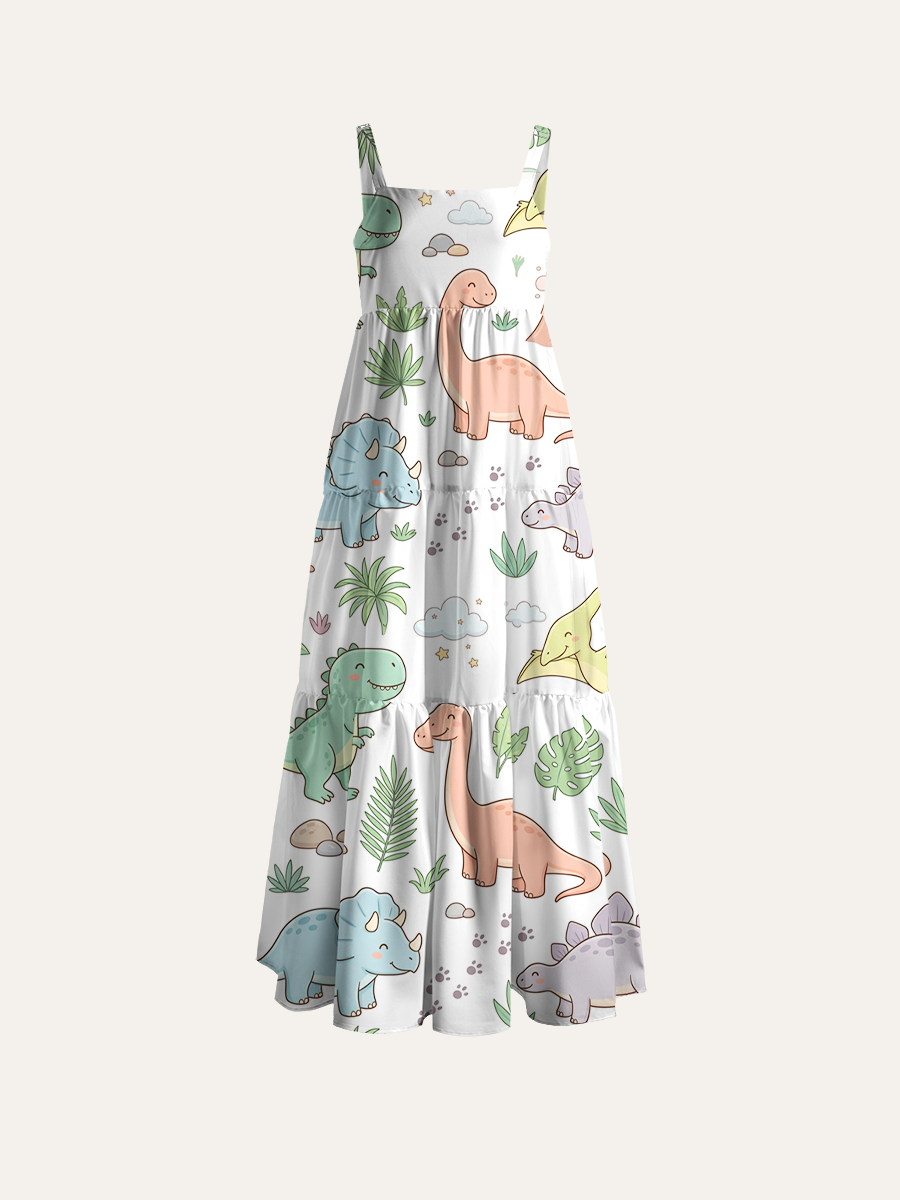 Dino Footprint Cloud Jungle Kids Doodle Adjustable Wide Straps Maxi Dress