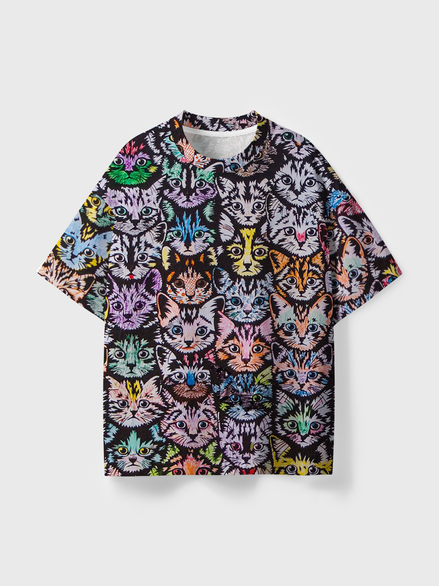 Vintage Multicolor Cat Heads Seamless Pattern All Over Print T-Shirt