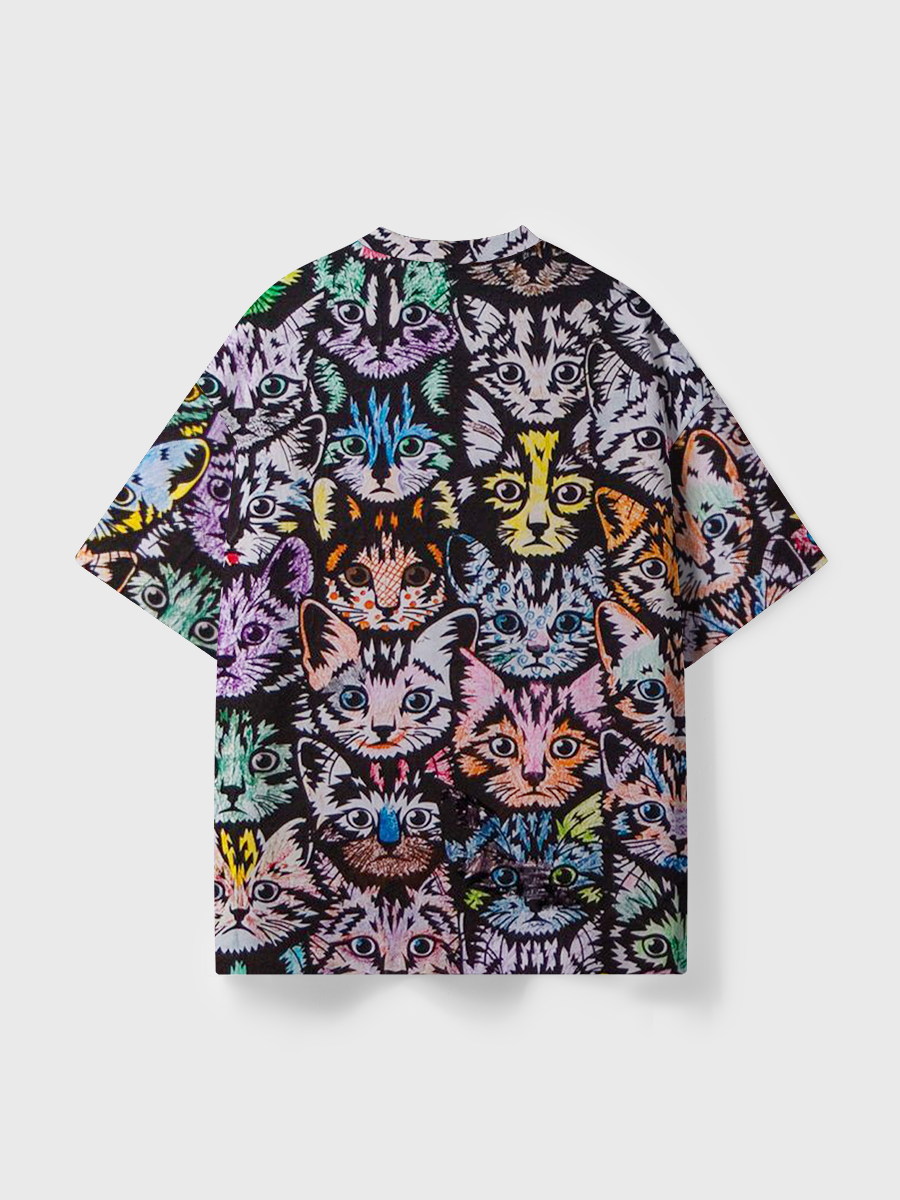 Vintage Multicolor Cat Heads Seamless Pattern All Over Print T-Shirt