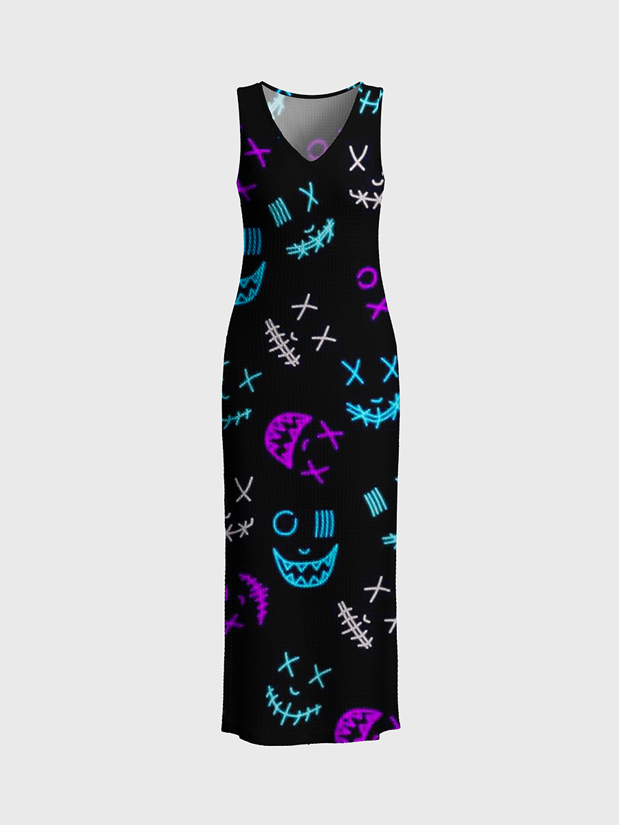 Neon Stitch Grunge Face Open Stitch Midi Dress