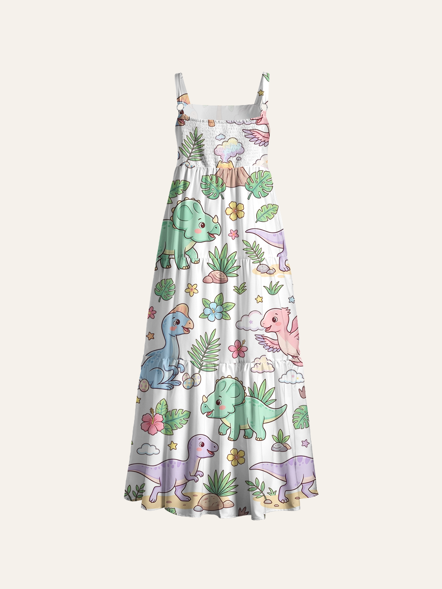 All-species Color Line Dinosaur Volcano Forest Allover Adjustable Wide Straps Maxi Dress