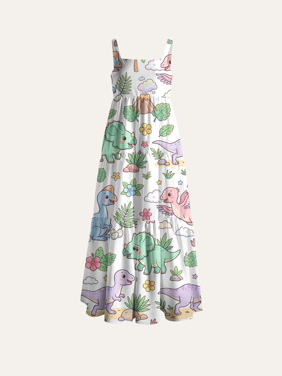 All-species Color Line Dinosaur Volcano Forest Allover Adjustable Wide Straps Maxi Dress