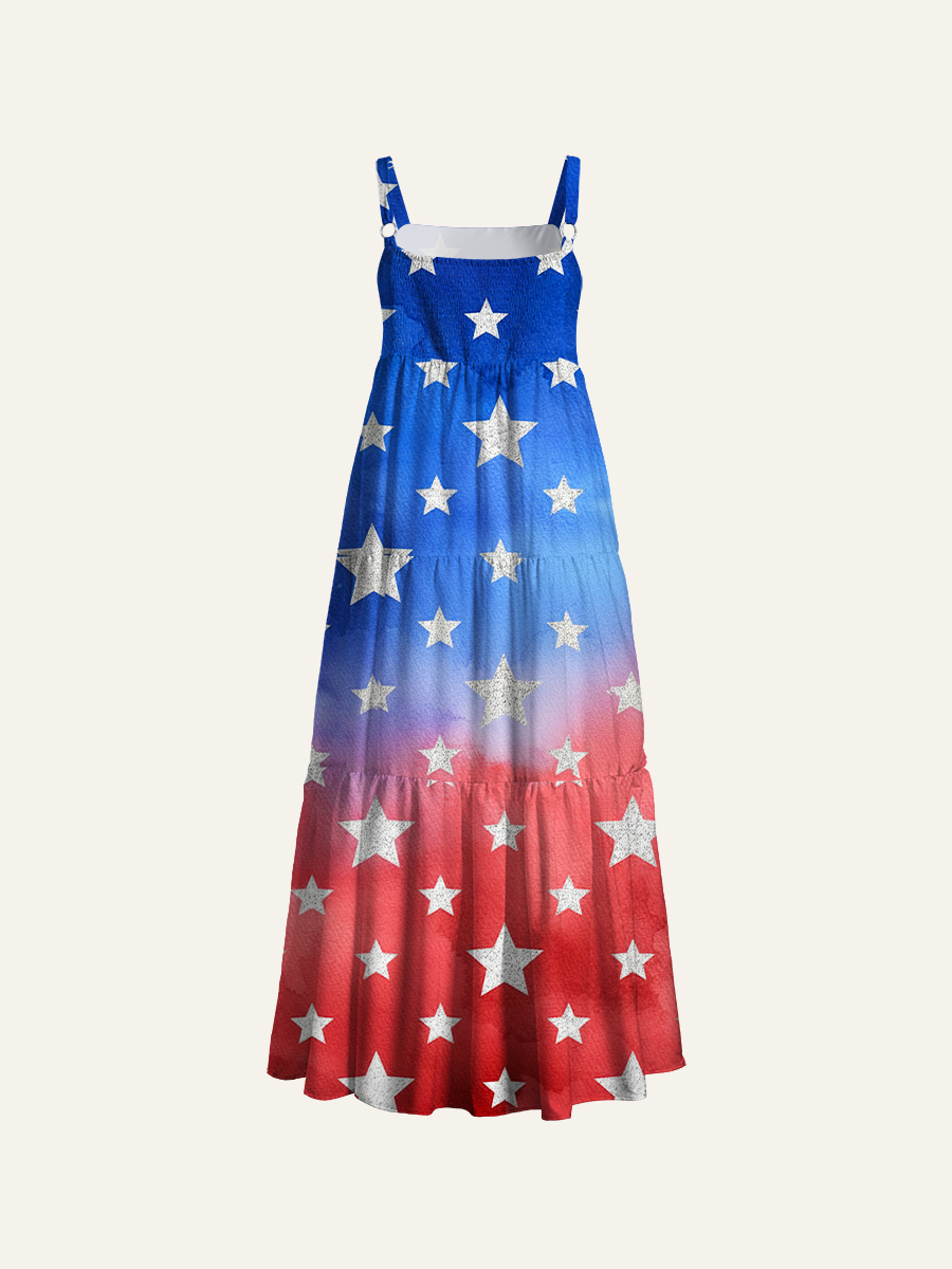 Glitter Silver Star USA Flag Watercolor Patriotic Adjustable Wide Straps Maxi Dress