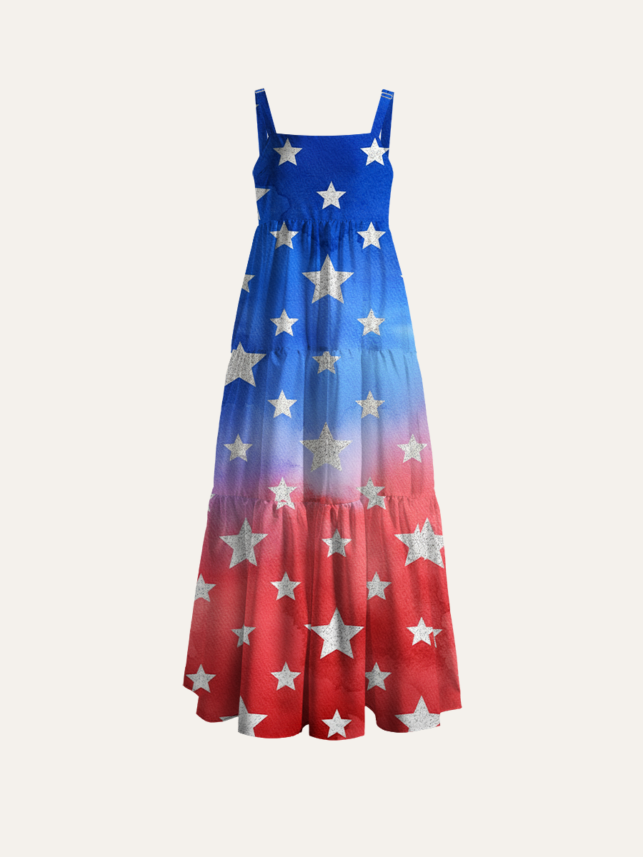 Glitter Silver Star USA Flag Watercolor Patriotic Adjustable Wide Straps Maxi Dress