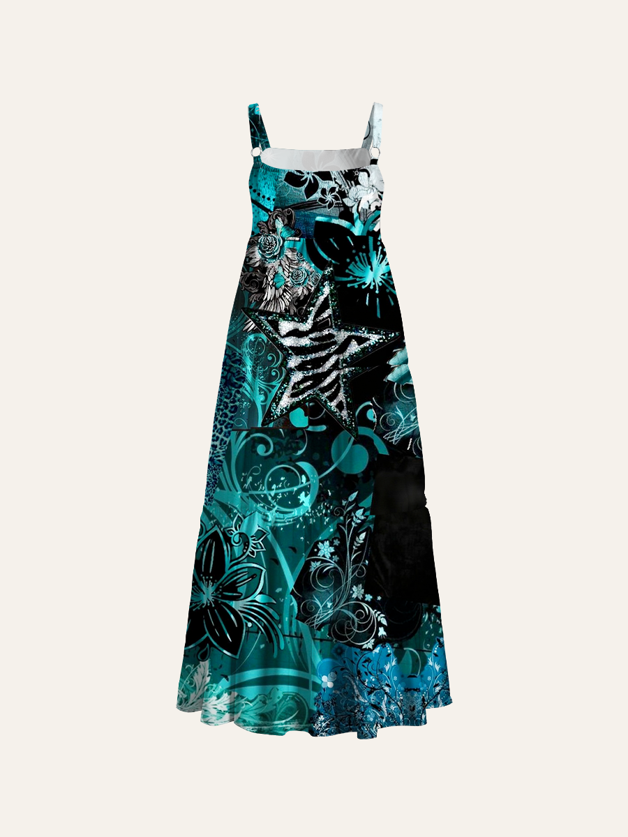 Teal Black Leopard Scroll Glitter Star Floral Collage Adjustable Wide Straps Maxi Dress