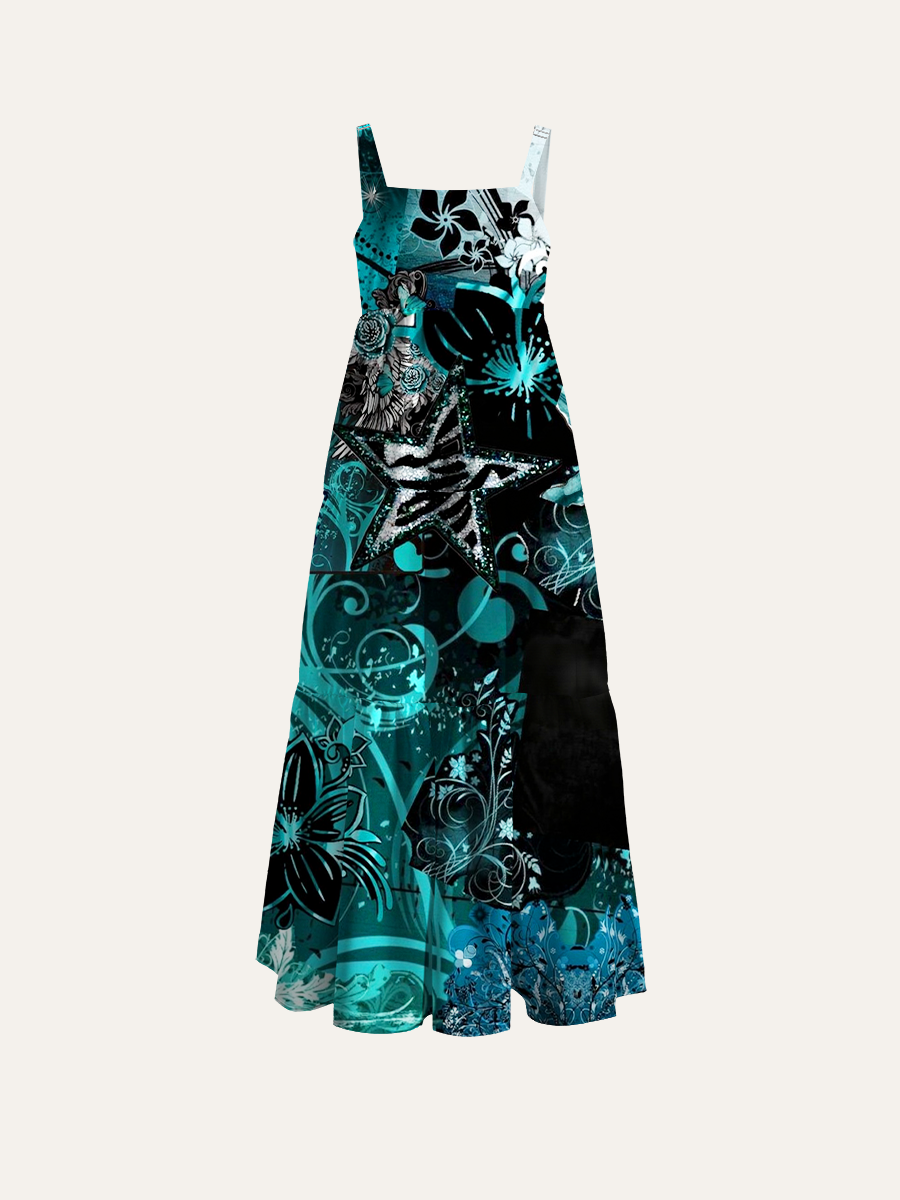 Teal Black Leopard Scroll Glitter Star Floral Collage Adjustable Wide Straps Maxi Dress