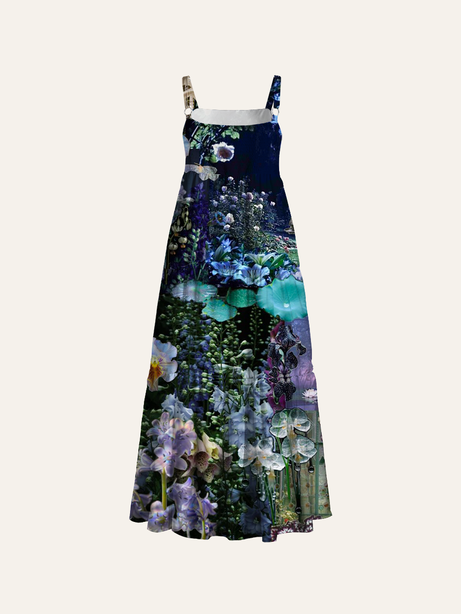 Night Garden Purple Floral Collage Watercolor Adjustable Wide Straps Maxi Dress
