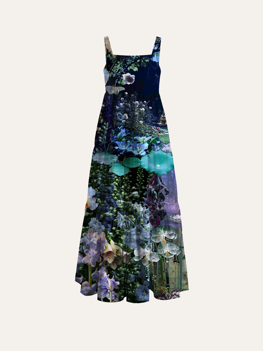 Night Garden Purple Floral Collage Watercolor Adjustable Wide Straps Maxi Dress