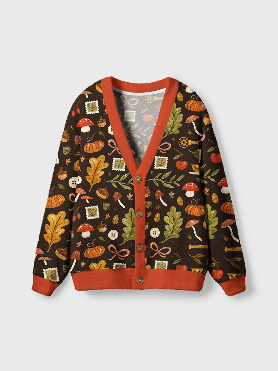 Vintage Fall Mushroom Acorn Trinket Cardigan Sweaters