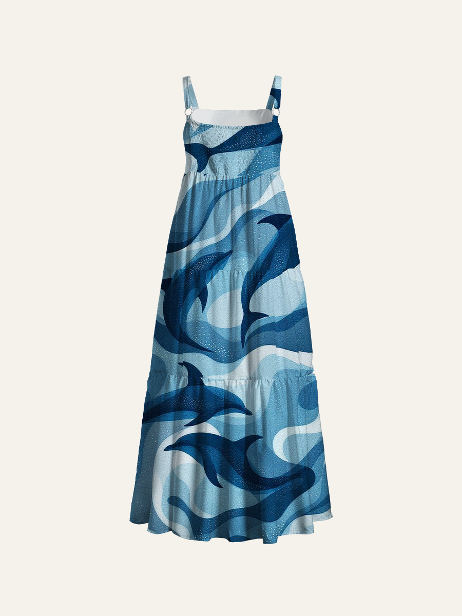 Pastel Blue Geometric Wave Dolphin Adjustable Wide Straps Maxi Dress