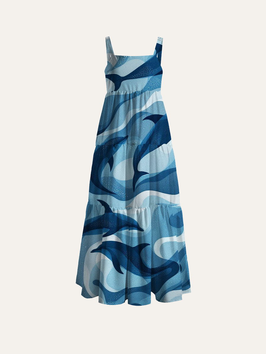 Pastel Blue Geometric Wave Dolphin Adjustable Wide Straps Maxi Dress