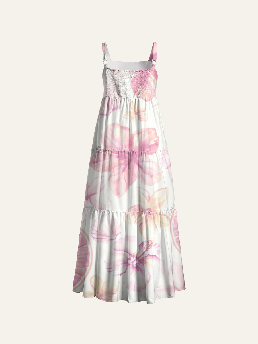 Blush Watercolor Hibiscus Shell Grapefruit Ditsy Adjustable Wide Straps Maxi Dress