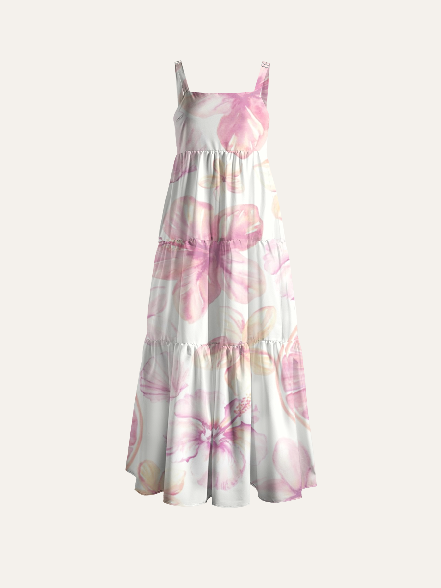 Blush Watercolor Hibiscus Shell Grapefruit Ditsy Adjustable Wide Straps Maxi Dress