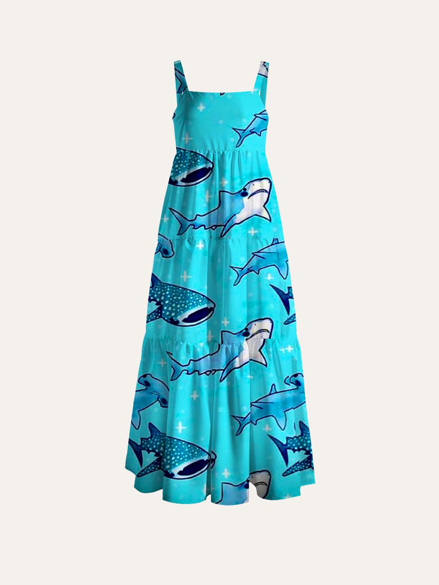Cartoon Mixed Shark Kids Star Ditsy Adjustable Wide Straps Maxi Dress