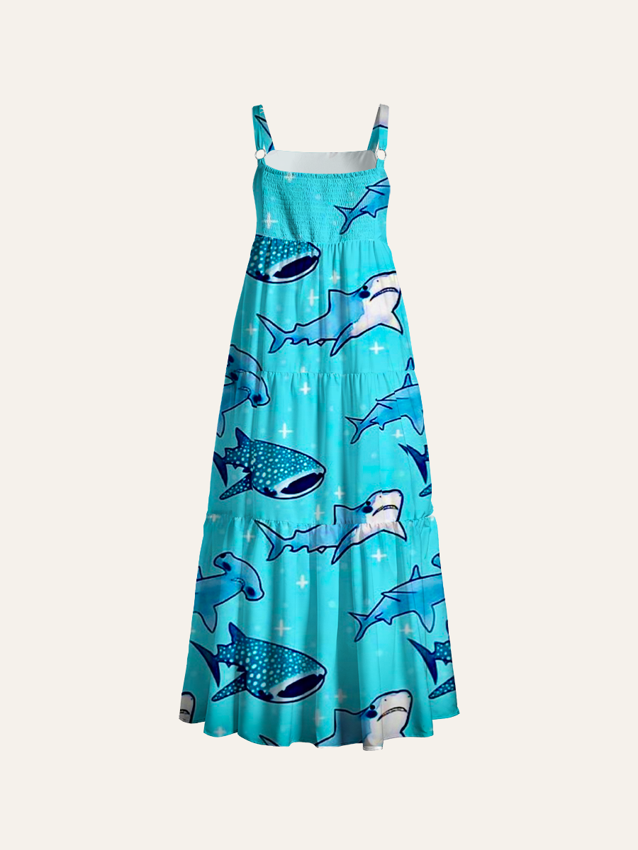Cartoon Mixed Shark Kids Star Ditsy Adjustable Wide Straps Maxi Dress