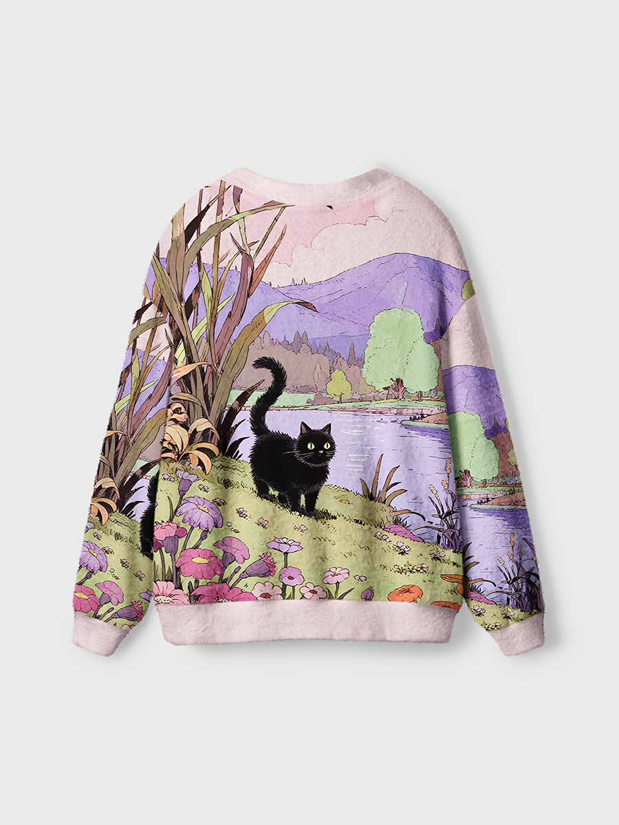 Vintage Comic Style Black Cat Lakeside Flower Garden Cardigan Sweaters