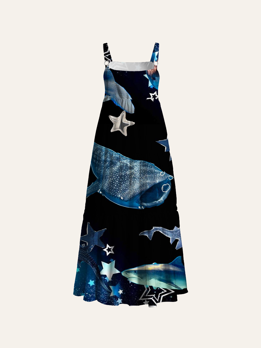 Dark Galaxy Realistic Shark Silver Foil Star Adjustable Wide Straps Maxi Dress