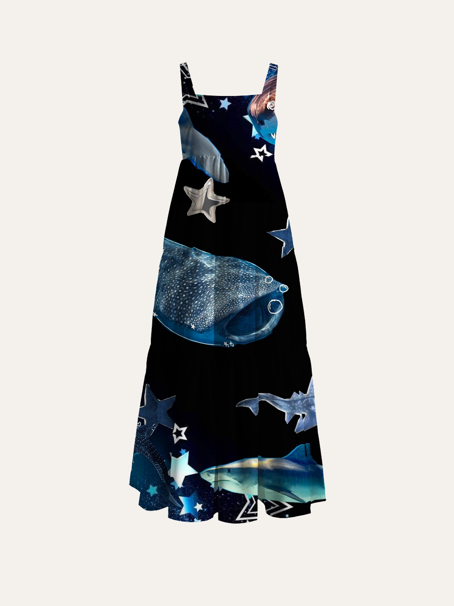 Dark Galaxy Realistic Shark Silver Foil Star Adjustable Wide Straps Maxi Dress