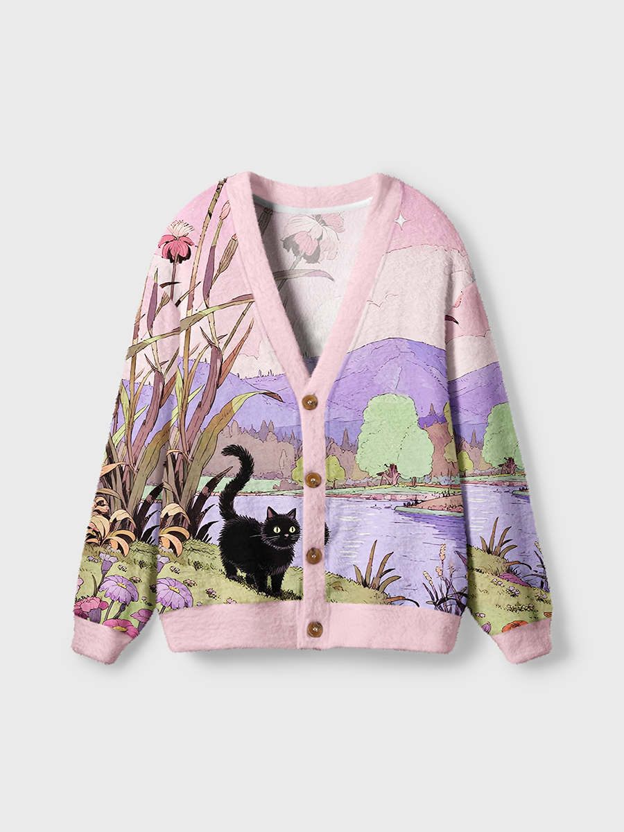 Vintage Comic Style Black Cat Lakeside Flower Garden Cardigan Sweaters