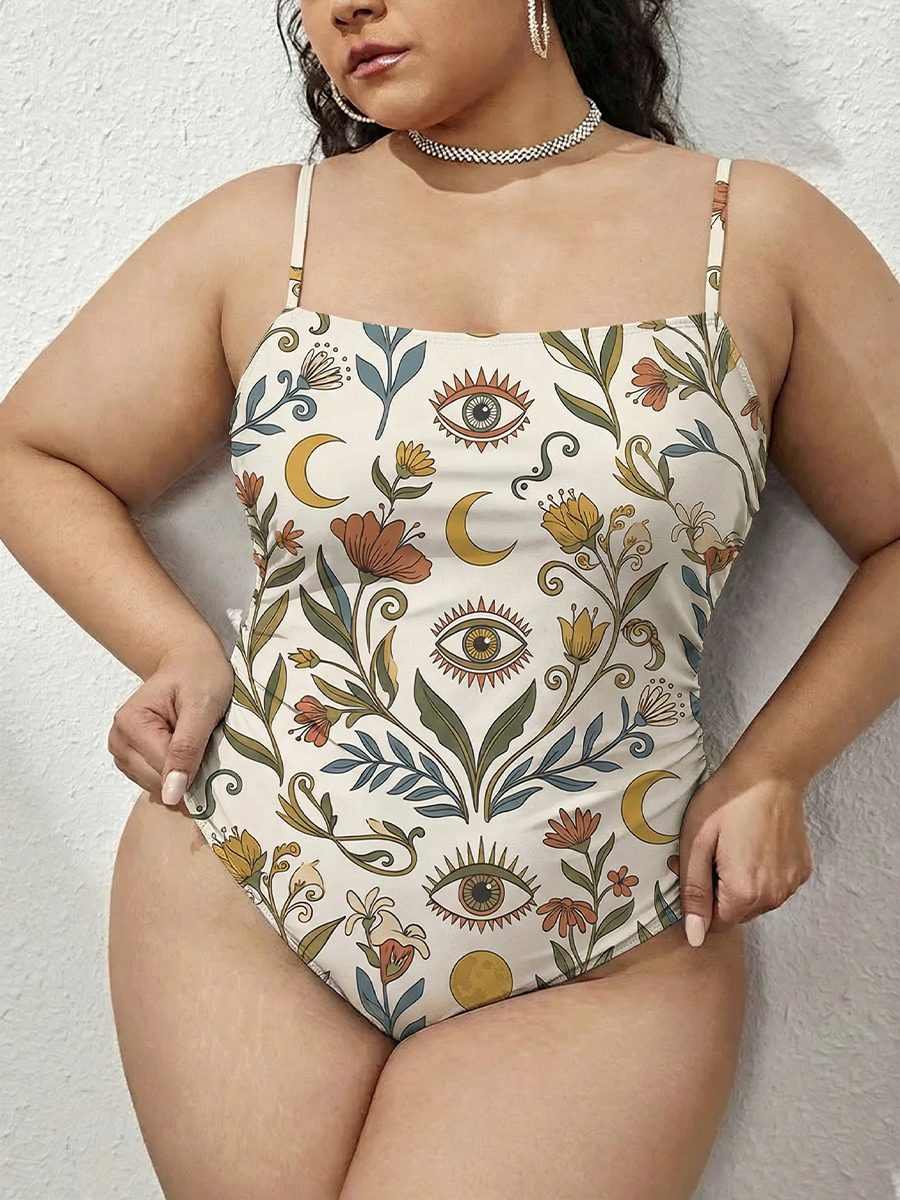 Vintage Boho Flowers With Mystical Eyes And Moon One Piece Slim-Strap Swimsuit