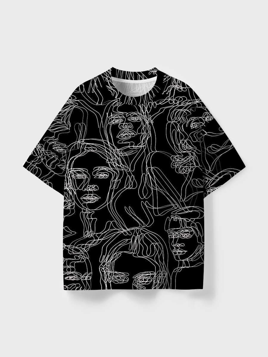Vintage Continuous Line Art Faces Print All Over Print T-Shirt