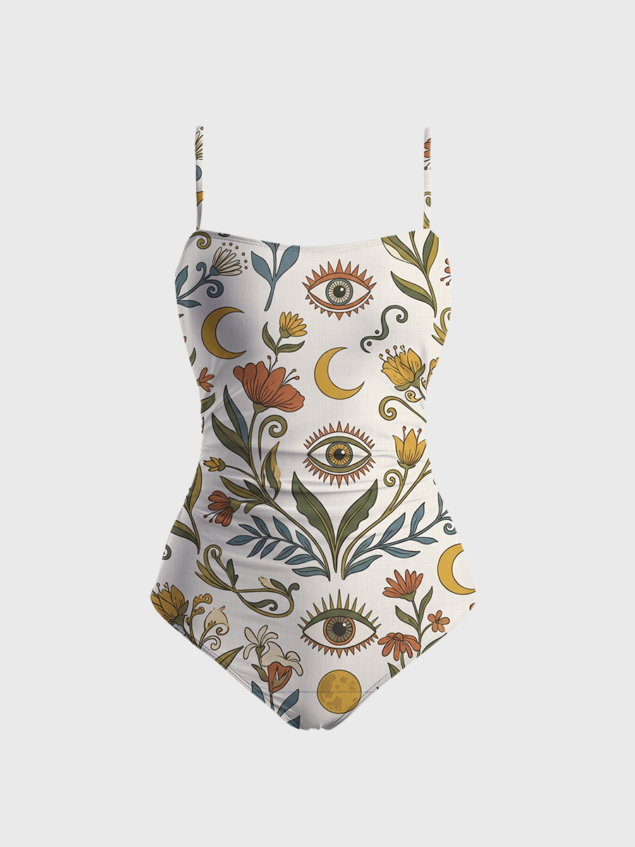 Vintage Boho Flowers With Mystical Eyes And Moon One Piece Slim-Strap Swimsuit